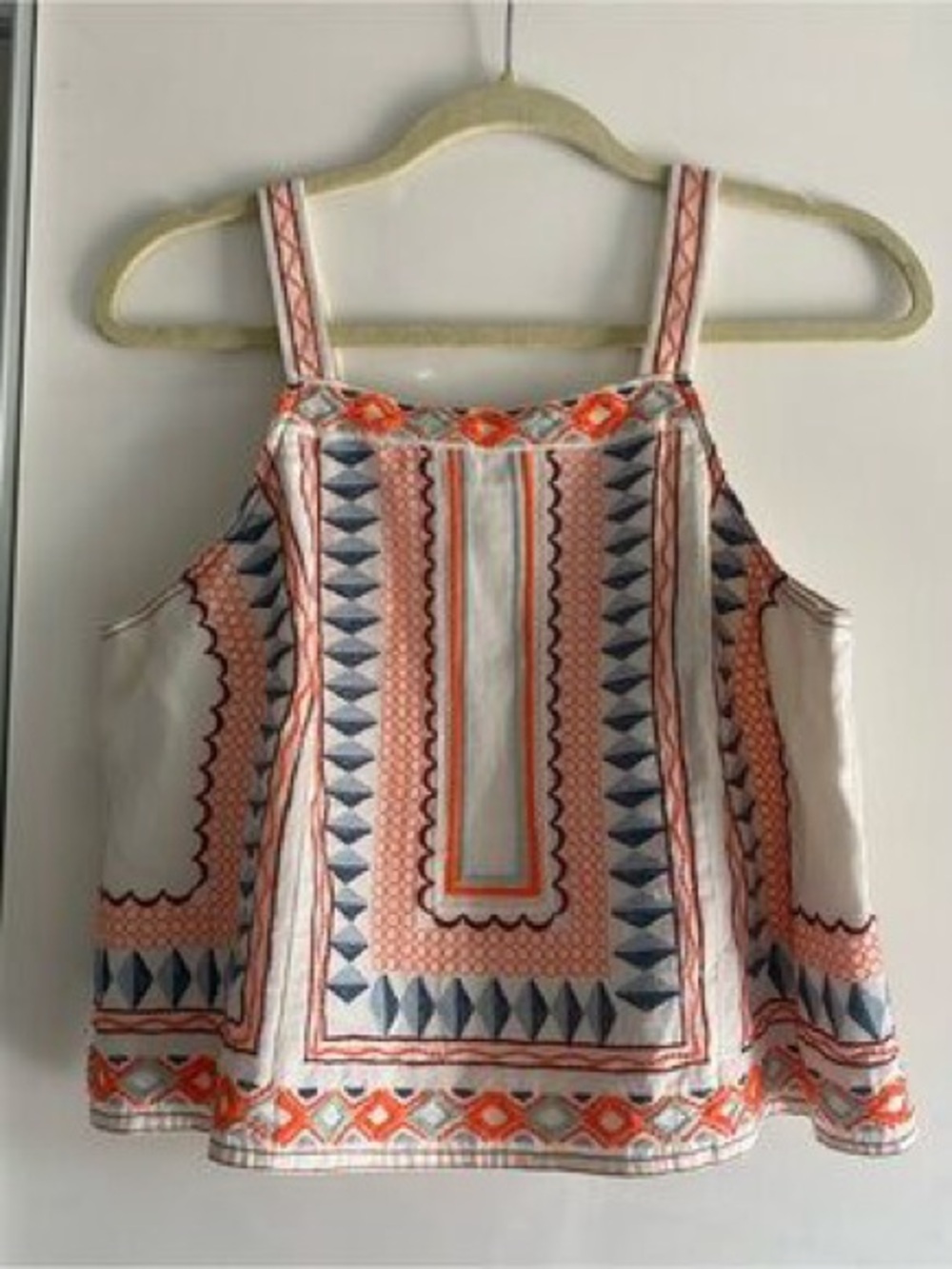 Anthropologie Cropped White Camisole with Coral & Navy Geometric Embroidery